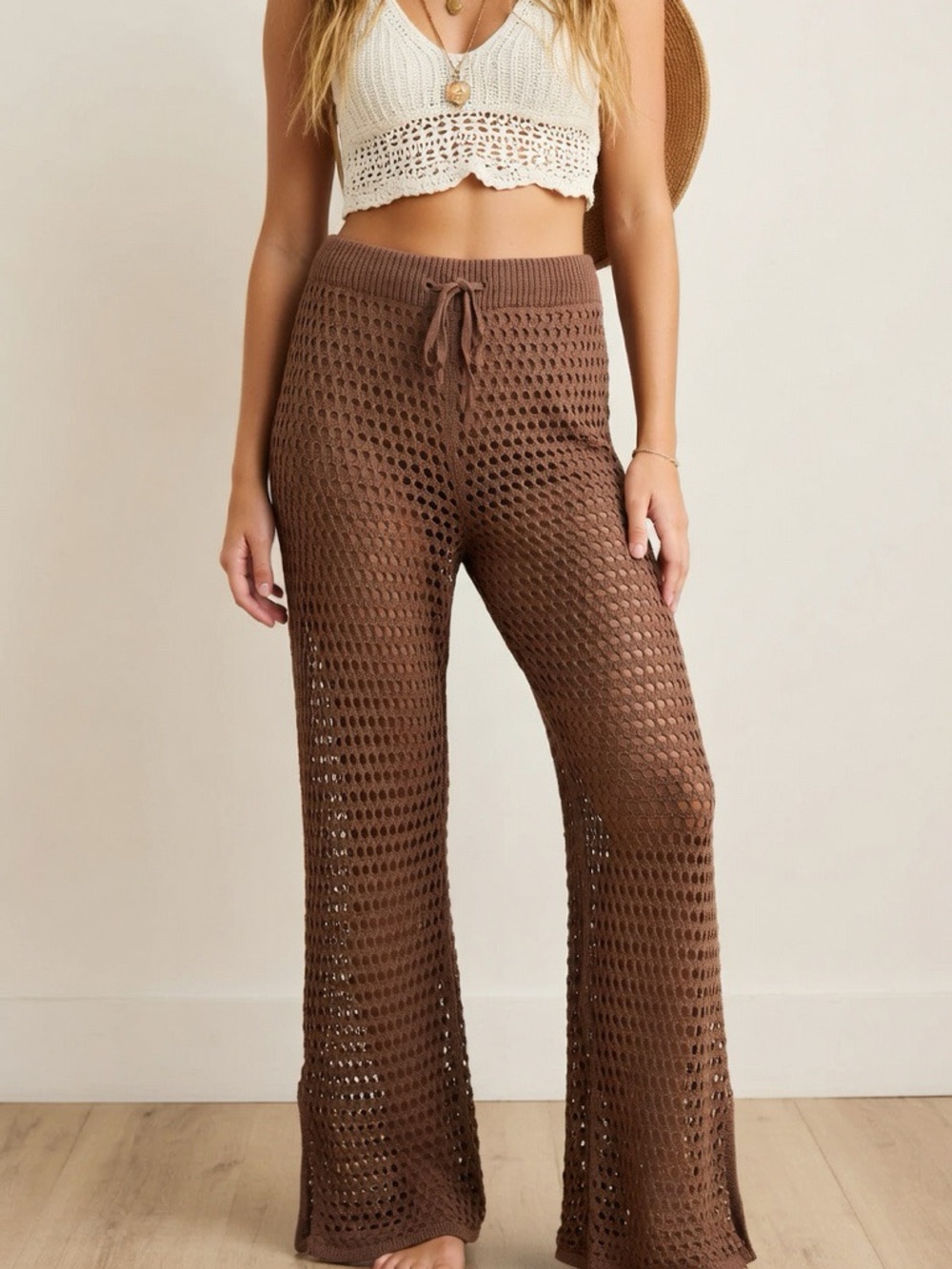 aerie Chocolate Brown Crochet Wide-Leg Pants